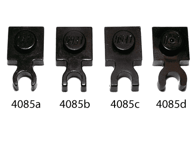 1x1 plate with clip (4085) variations showing 4085a, 4085b, 4085c and 4085d