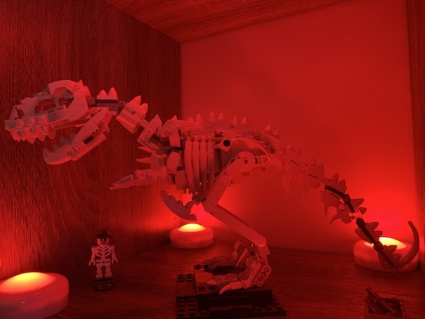T-Rex and skeleton under red lights