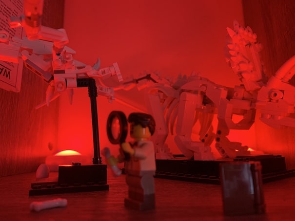 Minifig and other dino fossils under red light
