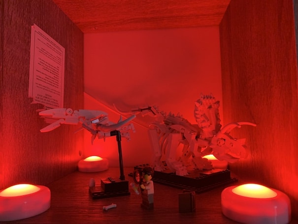Minifig and other dino fossils under red light from a bit further