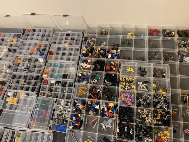 LEGO Minifigure parts in sorting trays