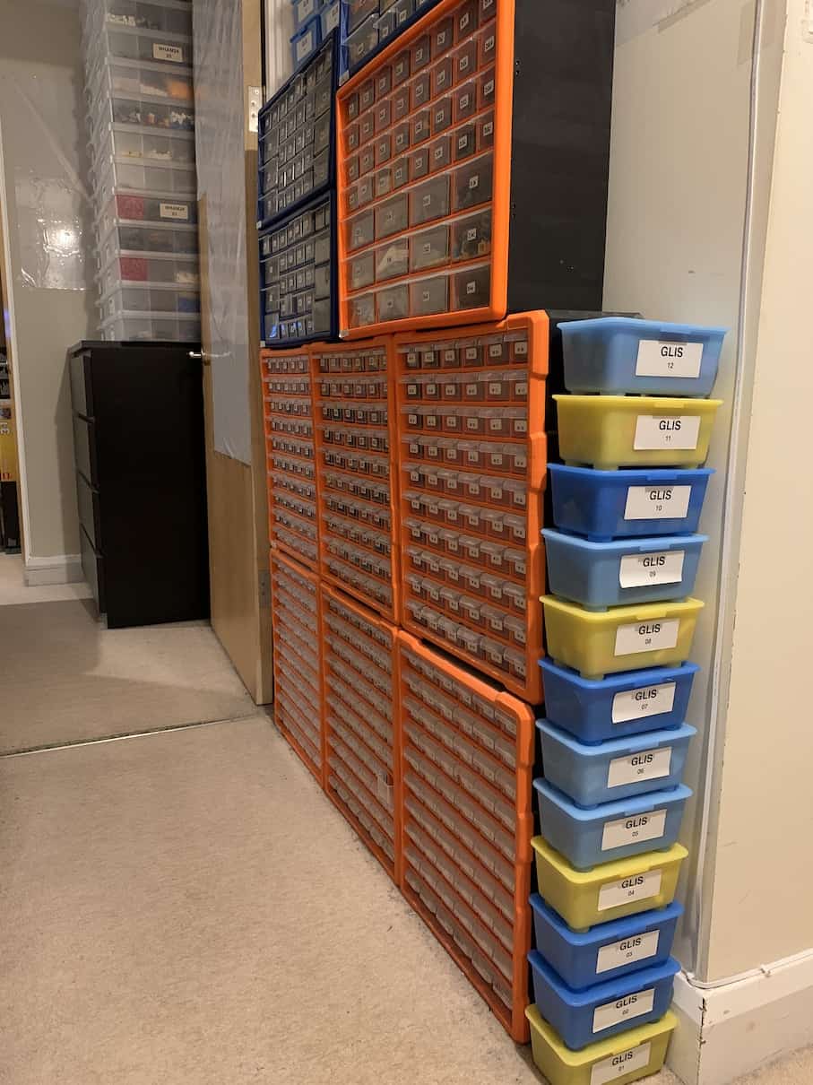Drawers and boxes full of LEGO pieces