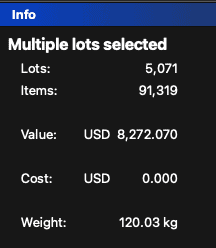 Screenshot of BrickStore showing the current totals in the inventory: Lots: 5,071. Items: 91,319. Weight: 120.03kg