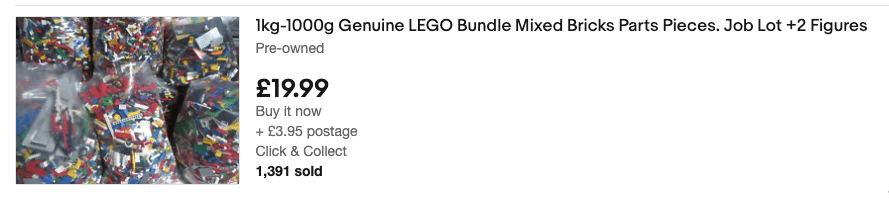 eBay listing with bags of LEGO photo and title "1kg-1000g Genuine LEGO Bundle Mixed Bricks Parts Pieces. Job Lot +2 Figures"