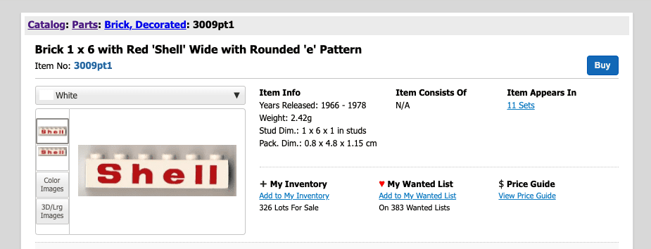 Brick 1x6 with Shell print shown on Bricklink