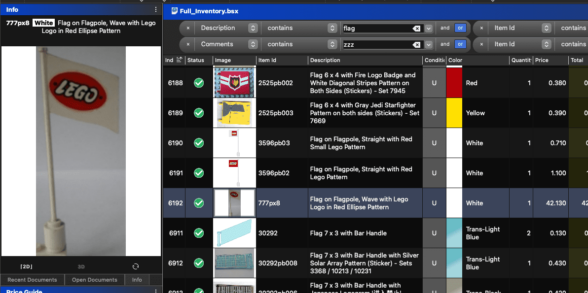 Brickstore inventory showing a vintage flag with a 42USD value